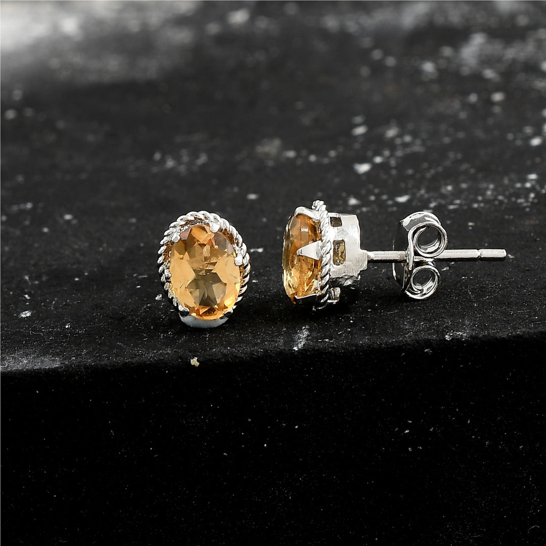 Natural Citrine Gemstone Oval Shape Stud Earrings for Women