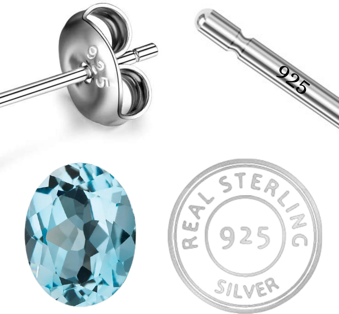 Natural Blue Topaz Gemstone Oval Stud Earrings for Women
