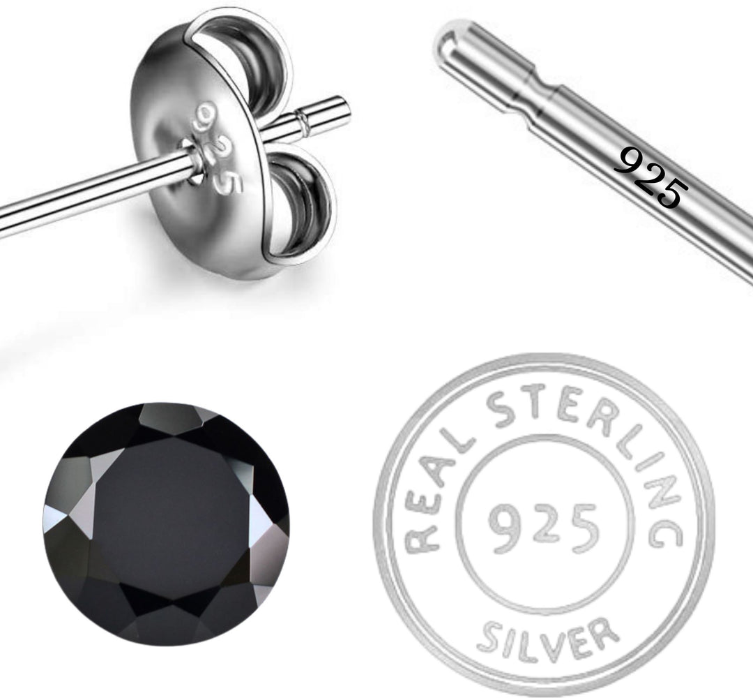 Sleek Sterling Silver Black Onyx Gemstone Unisex Round Stud Earrings